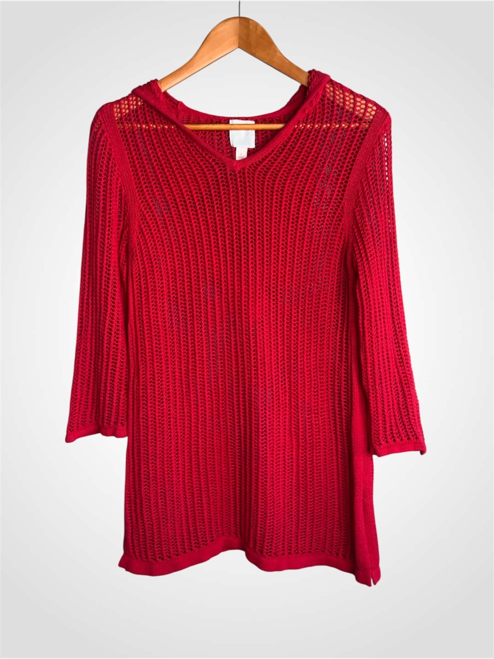Sunday Red Cotton Open-Knit Hooded Swimsuit Cover Up Small